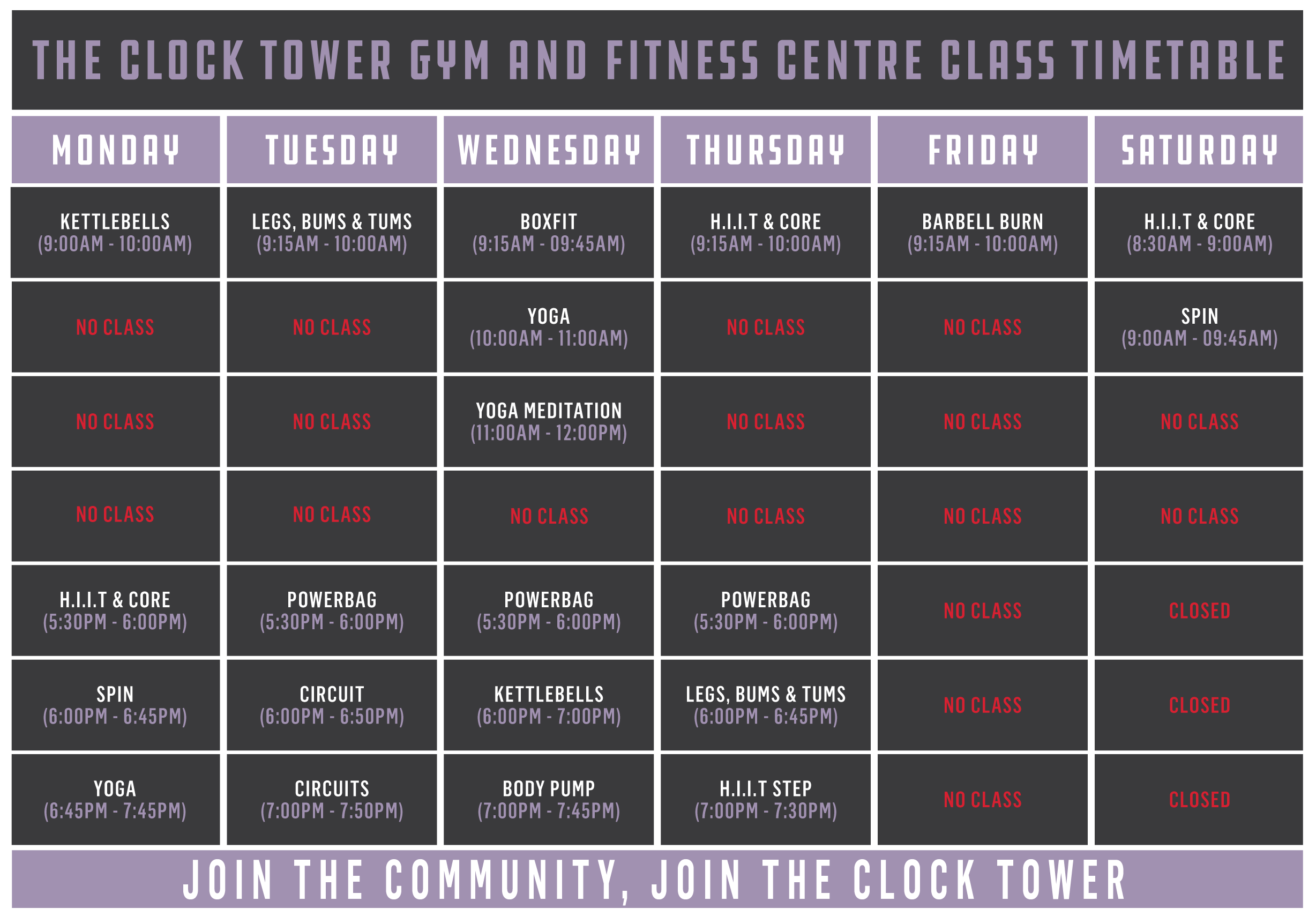 The Clock Tower Gym Timetable September 2024